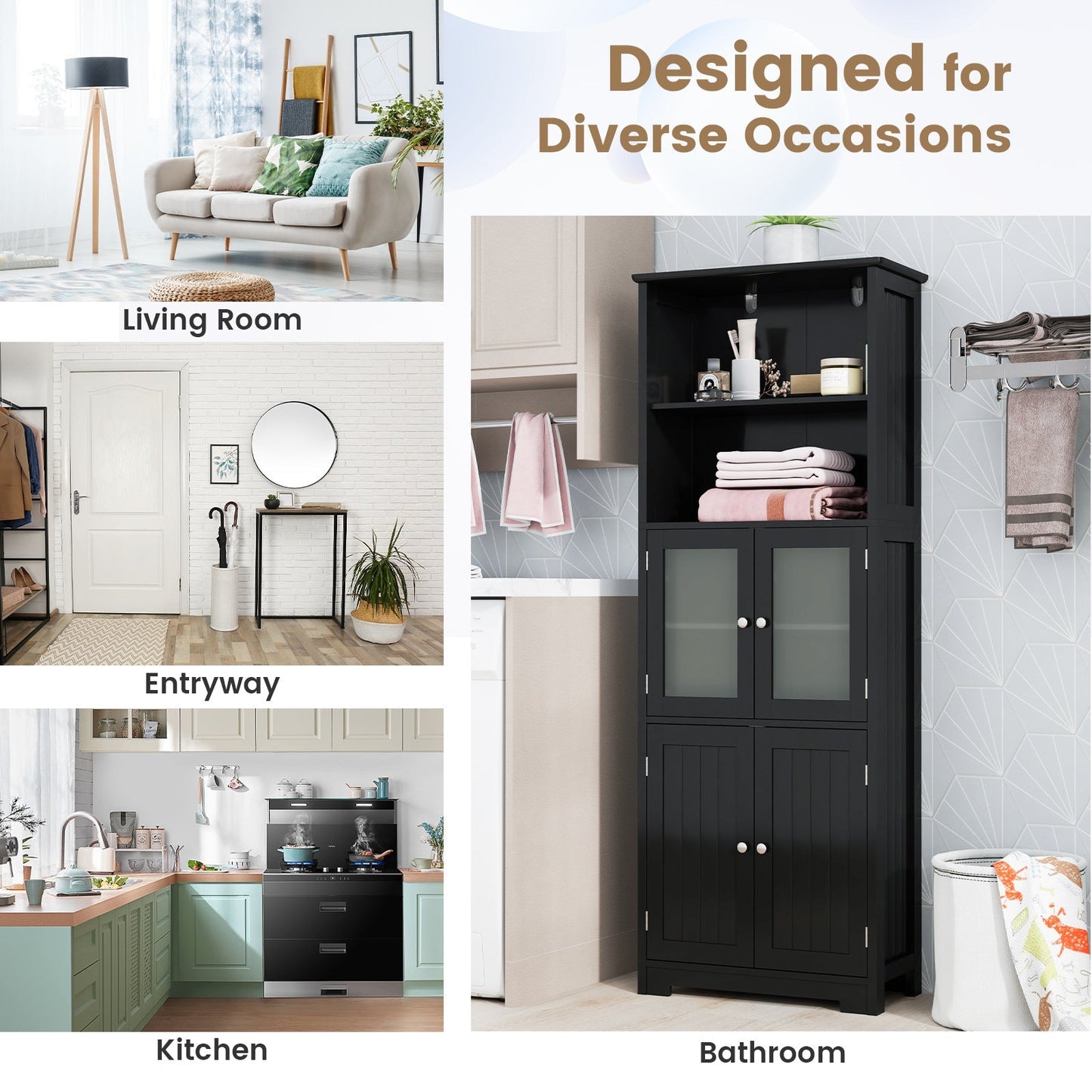 6-Tier Freestanding Bathroom Cabinet with 2 Open Compartments and Adjustable Shelves