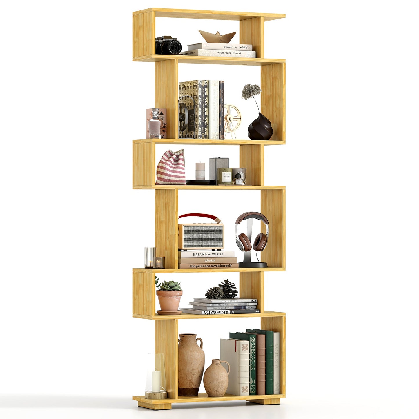 6-Tier Geometric Bookshelf with 2 Anti-Tipping Kits for Home Office