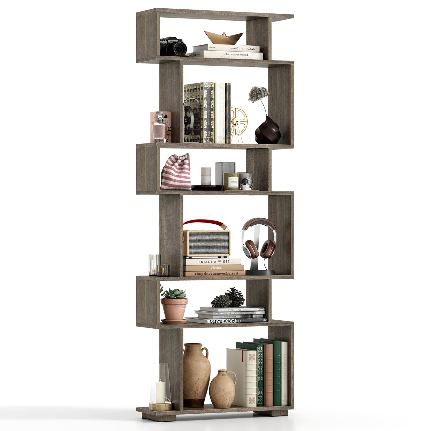 6-Tier Geometric Bookshelf with 2 Anti-Tipping Kits for Home Office