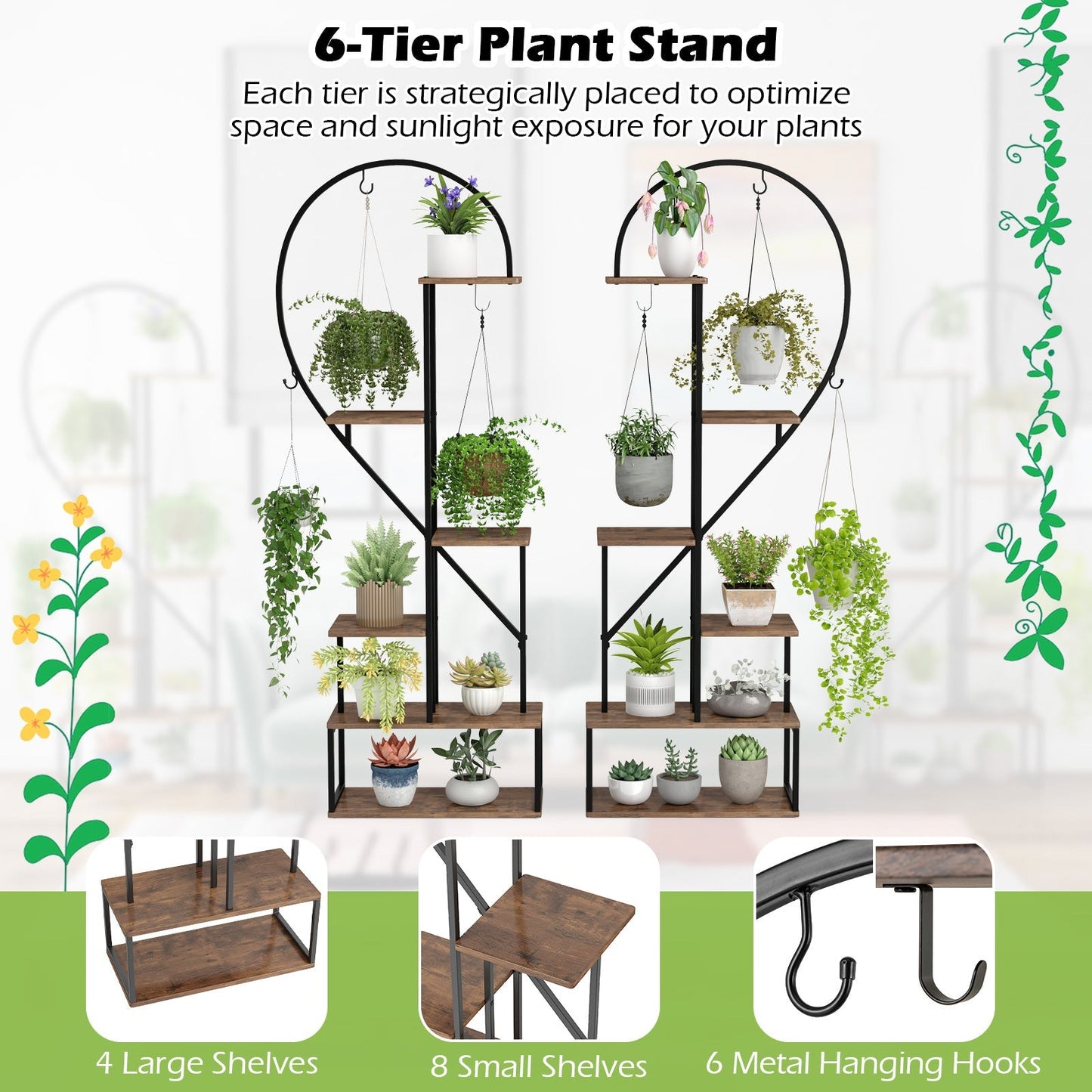 6-Tier Metal Plant Stand 2 Half-Heart-Shape Ladder Plant Shelves-Coffee