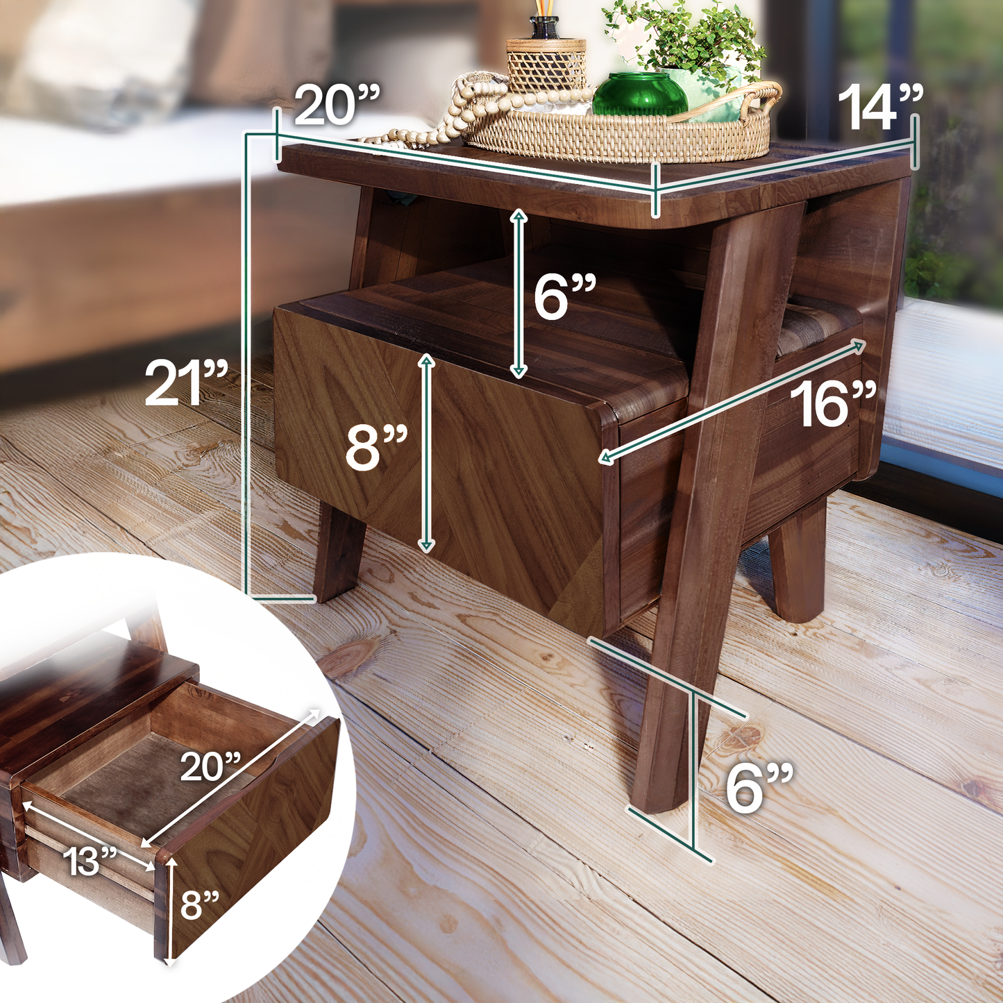Rum Handcrafted Solid Wood Nightstand