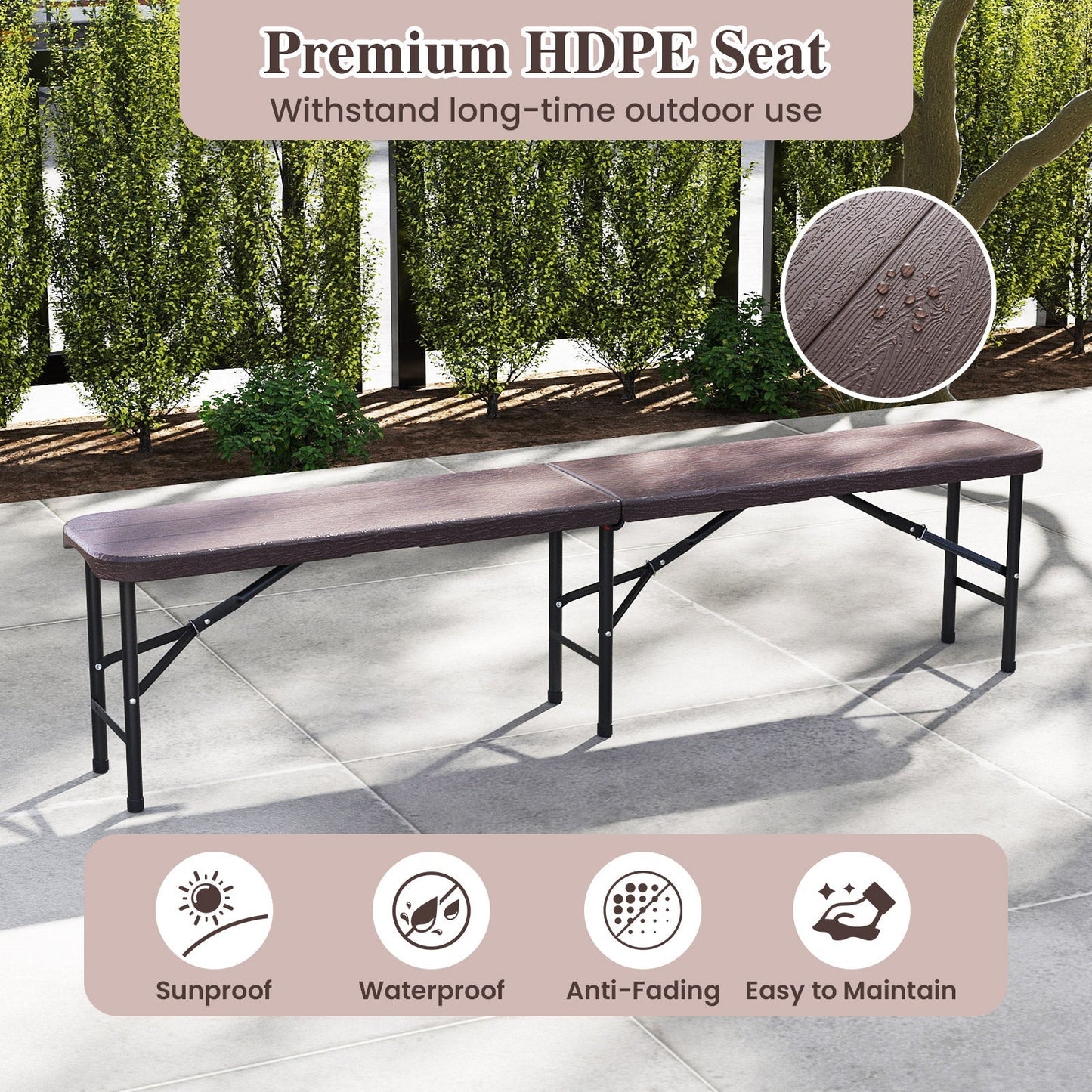 6 Feet Folding HDPE Bench with 1320 LBS Capacity and Handle Lock
