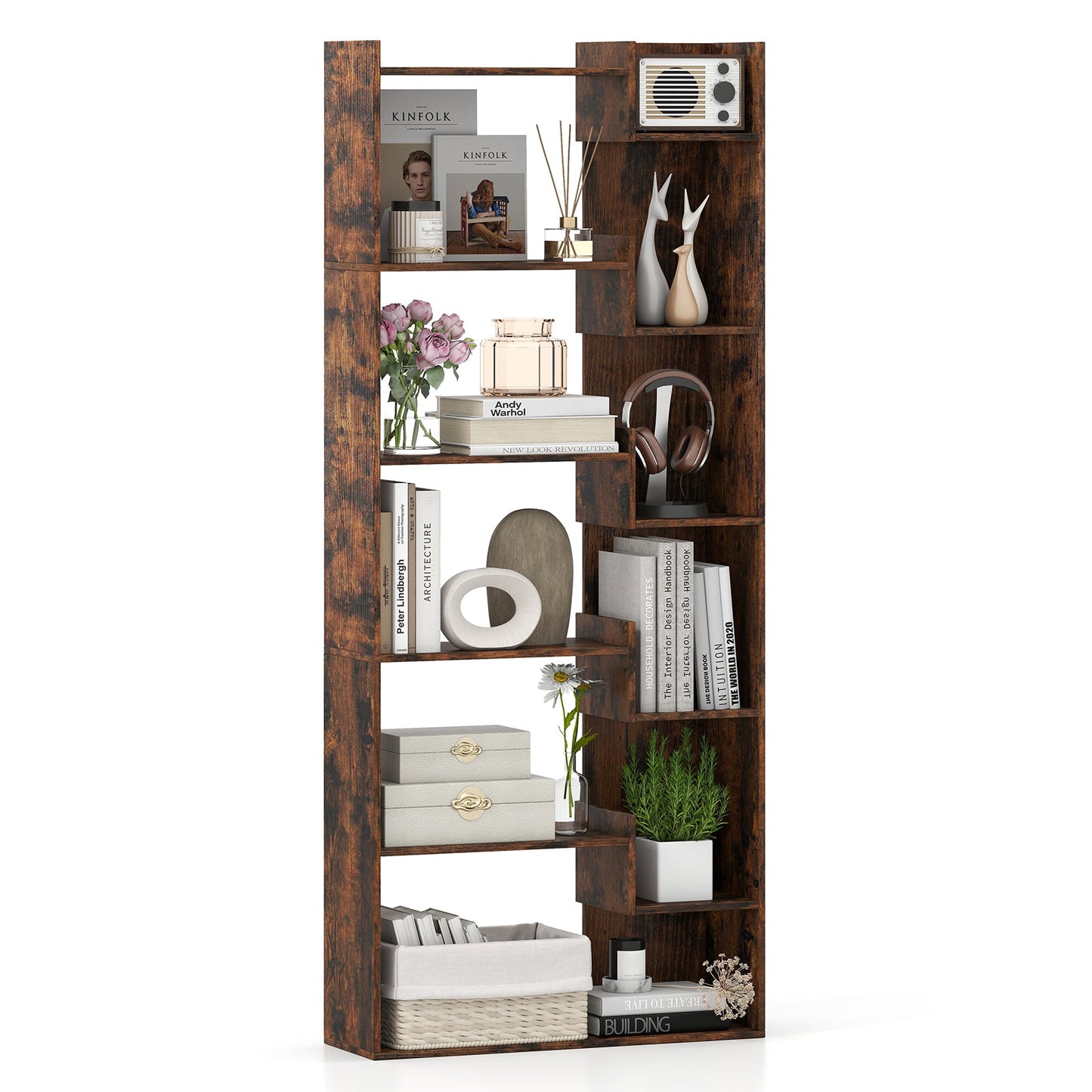 6-Tier Bookshelf Wooden Bookcase with 2 Anti-Tipping Kits Open Display Shelf