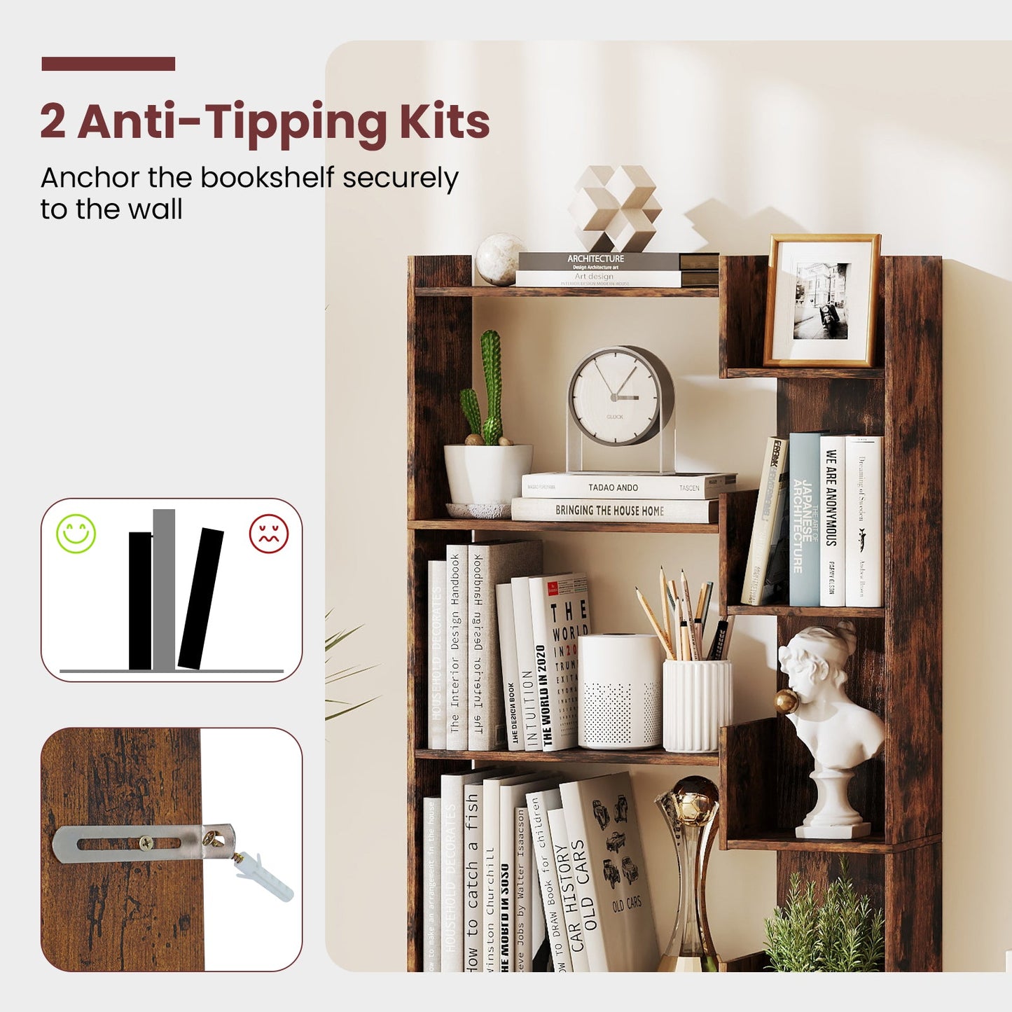 6-Tier Bookshelf Wooden Bookcase with 2 Anti-Tipping Kits Open Display Shelf