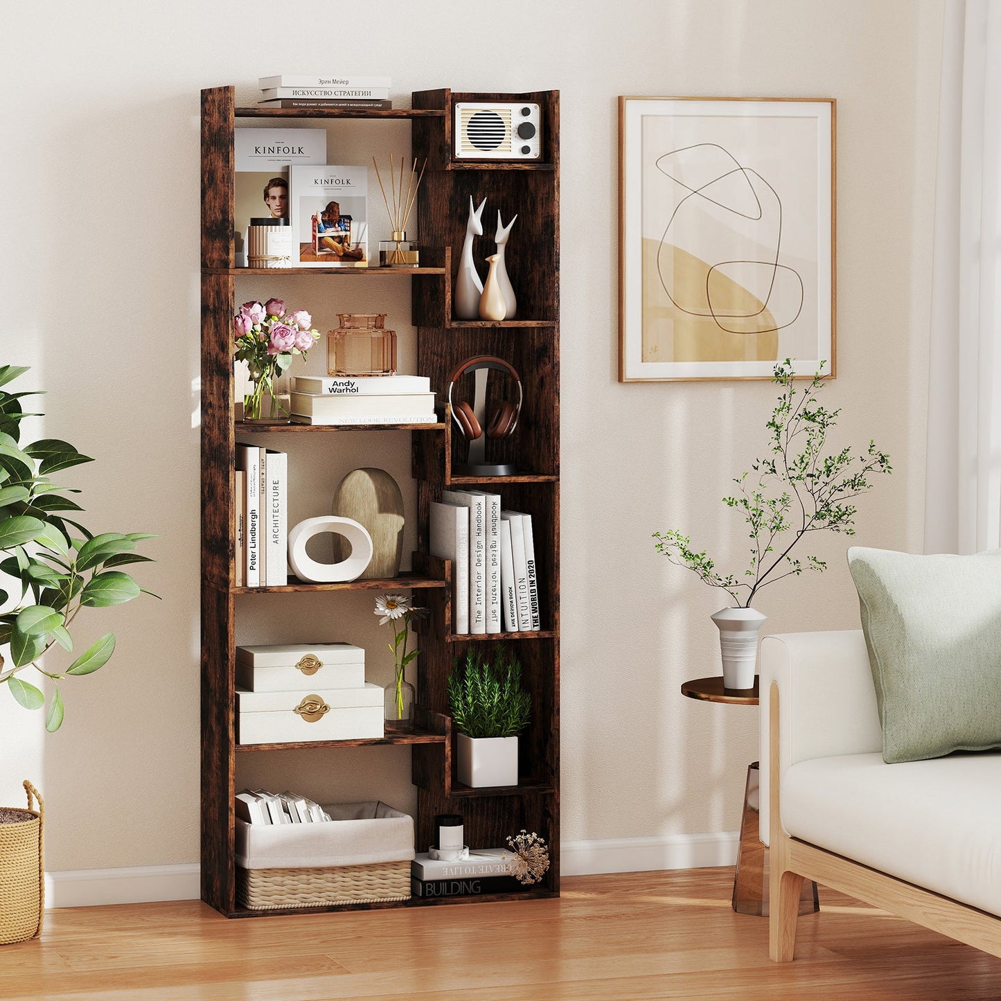 6-Tier Bookshelf Wooden Bookcase with 2 Anti-Tipping Kits Open Display Shelf