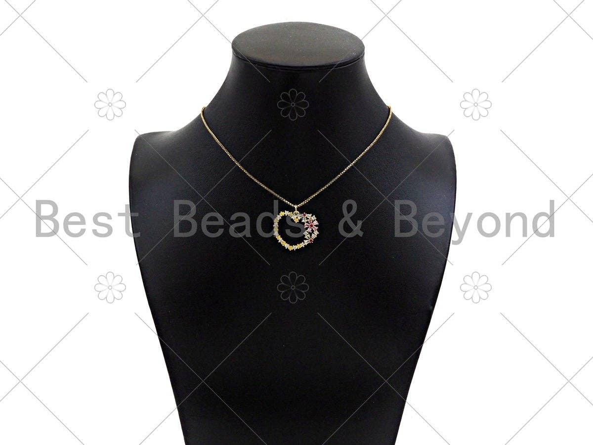 Gold Filled Colorful CZ Micro Pave Flower On Heart Shape Pendant, 18K Gold Filled Heart Charm, Necklace Bracelet Pendant,24x21mm,Sku#LK327