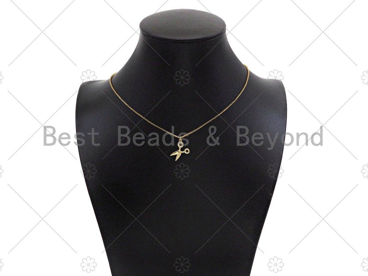 CZ Micro Pave Scissors Shape Pendant,18K Dainty Gold Charm,