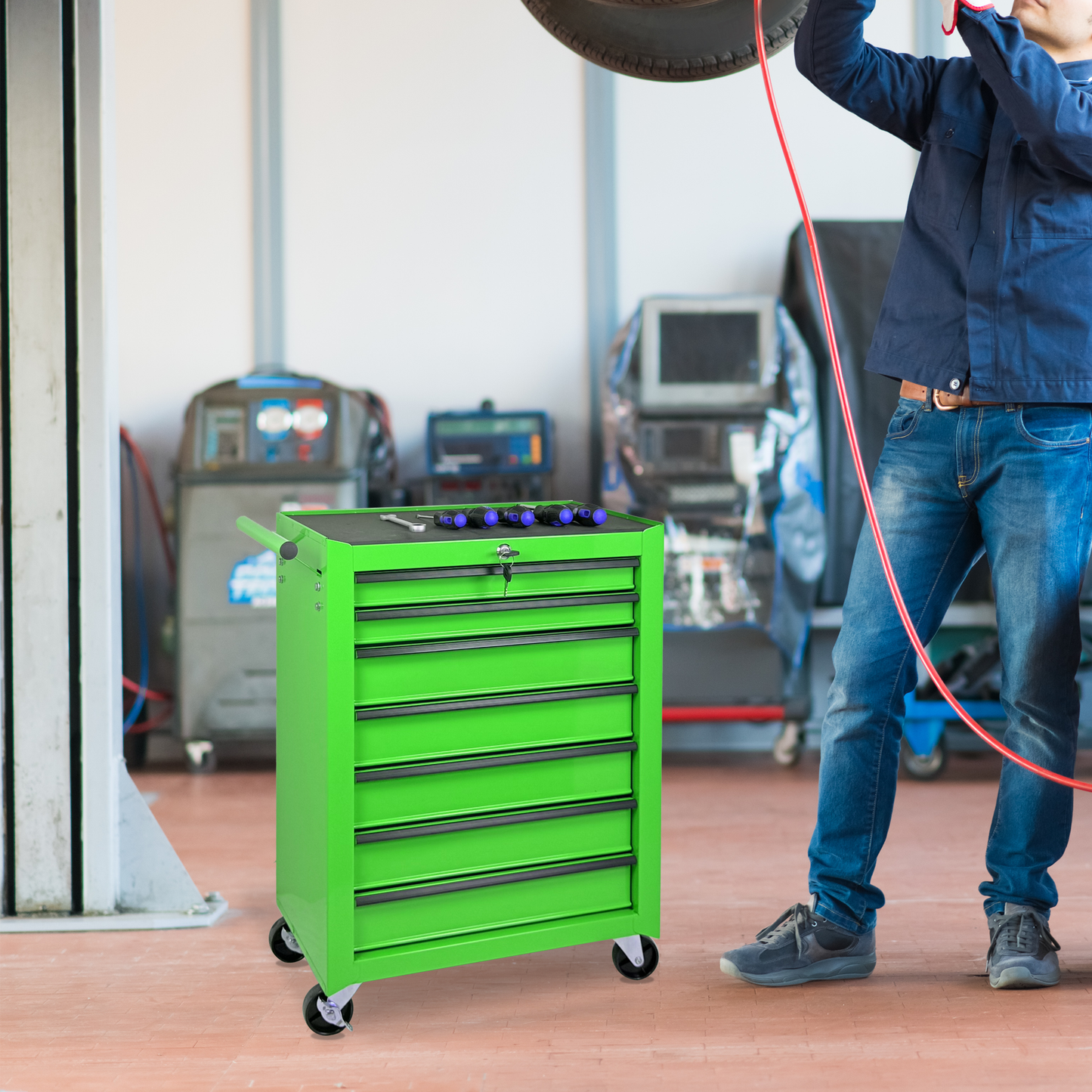 Rolling Metal Tool Chest with 7 Drawers - Green