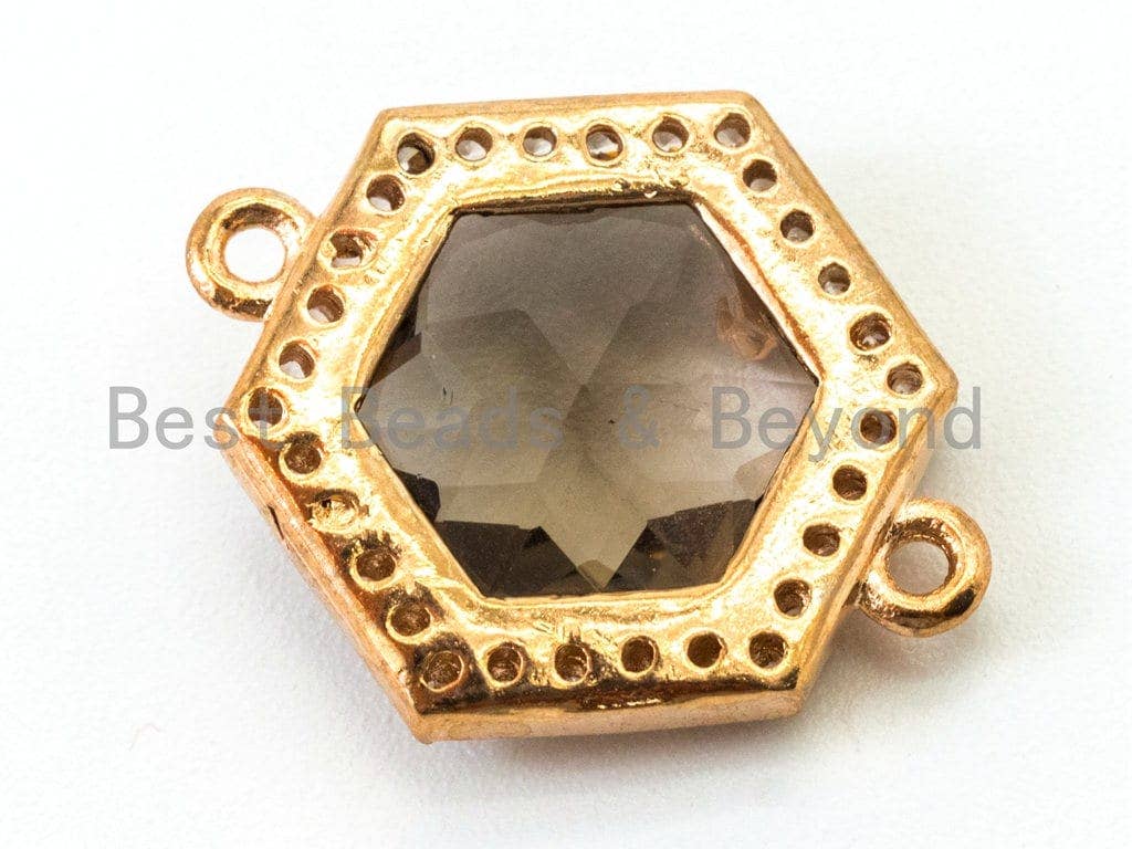Hexagon Bezel Connector with Faceted Glass, Gold Plated CZ Micro Pave Frame Connector, Black/Green/Purple/Smoke, 14x18mm, sku#A78