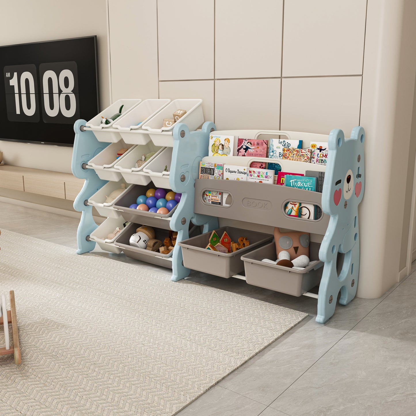 Kids Toy Storage Organizer with 2 Tier Bookshelf
