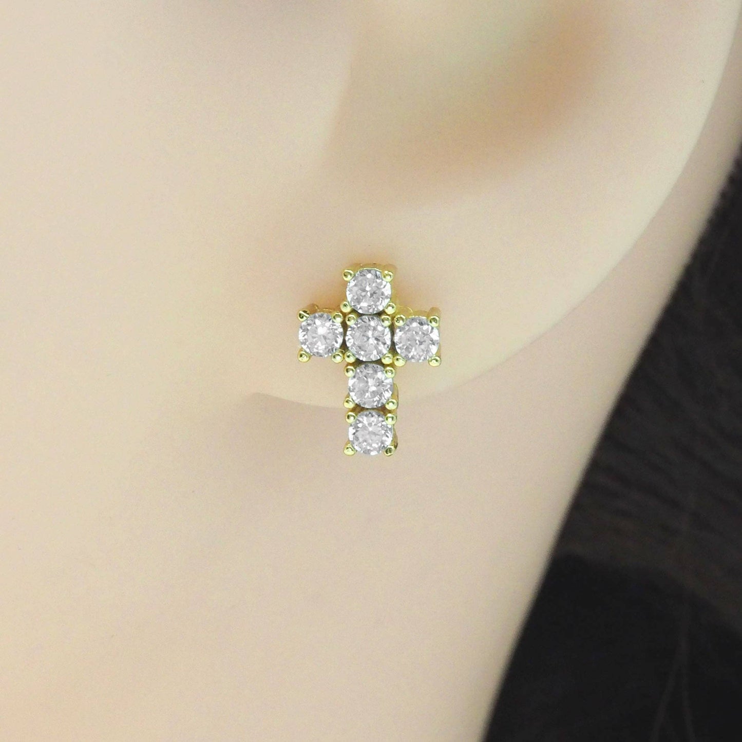 Gold CZ Cross Shape Stud Earrings, Sku#B365