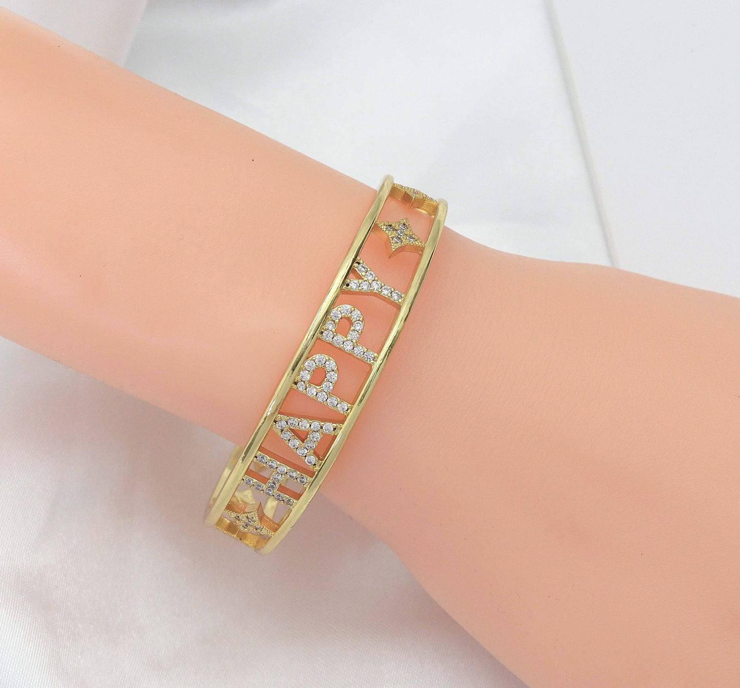 CZ Pave Star Happy Cuff Bangle Bracelet, sku#JL120