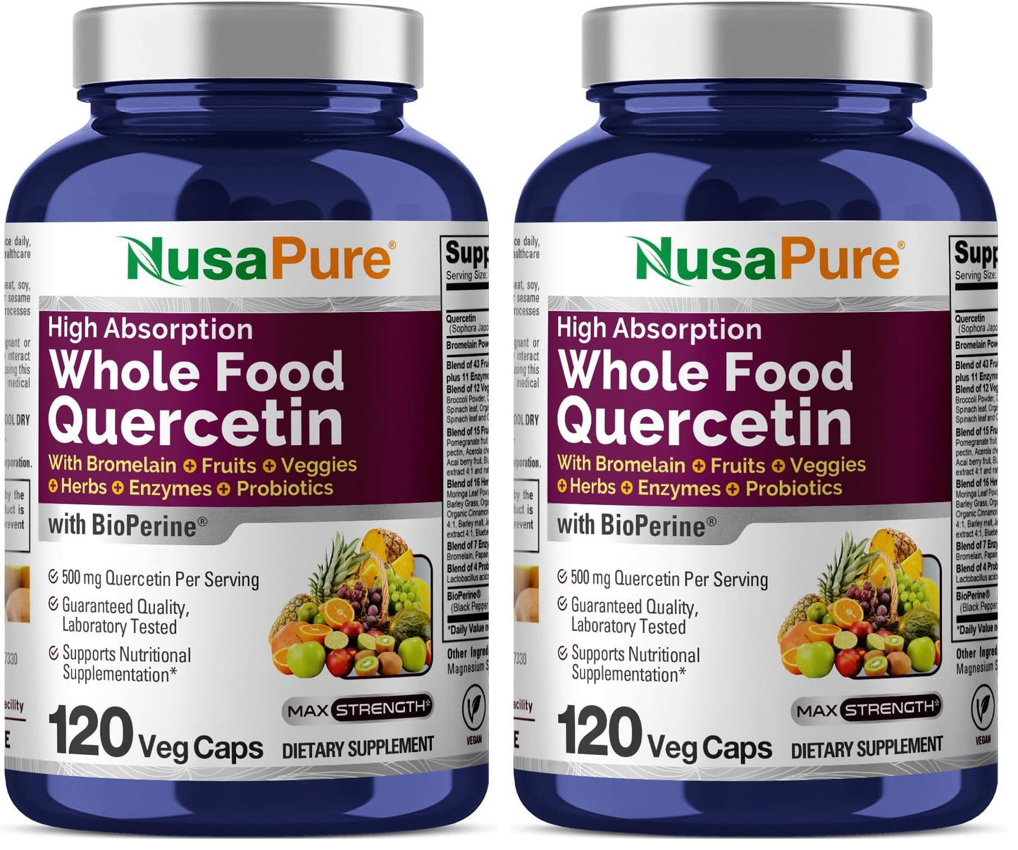 NusaPure Quercetin with Bromelain 500mg |120 Veggie Caps | 43 Fruit Veggie Grain Herbs Enzyme Probiotic Blend | Non-GMO, Vegan, Bioperine