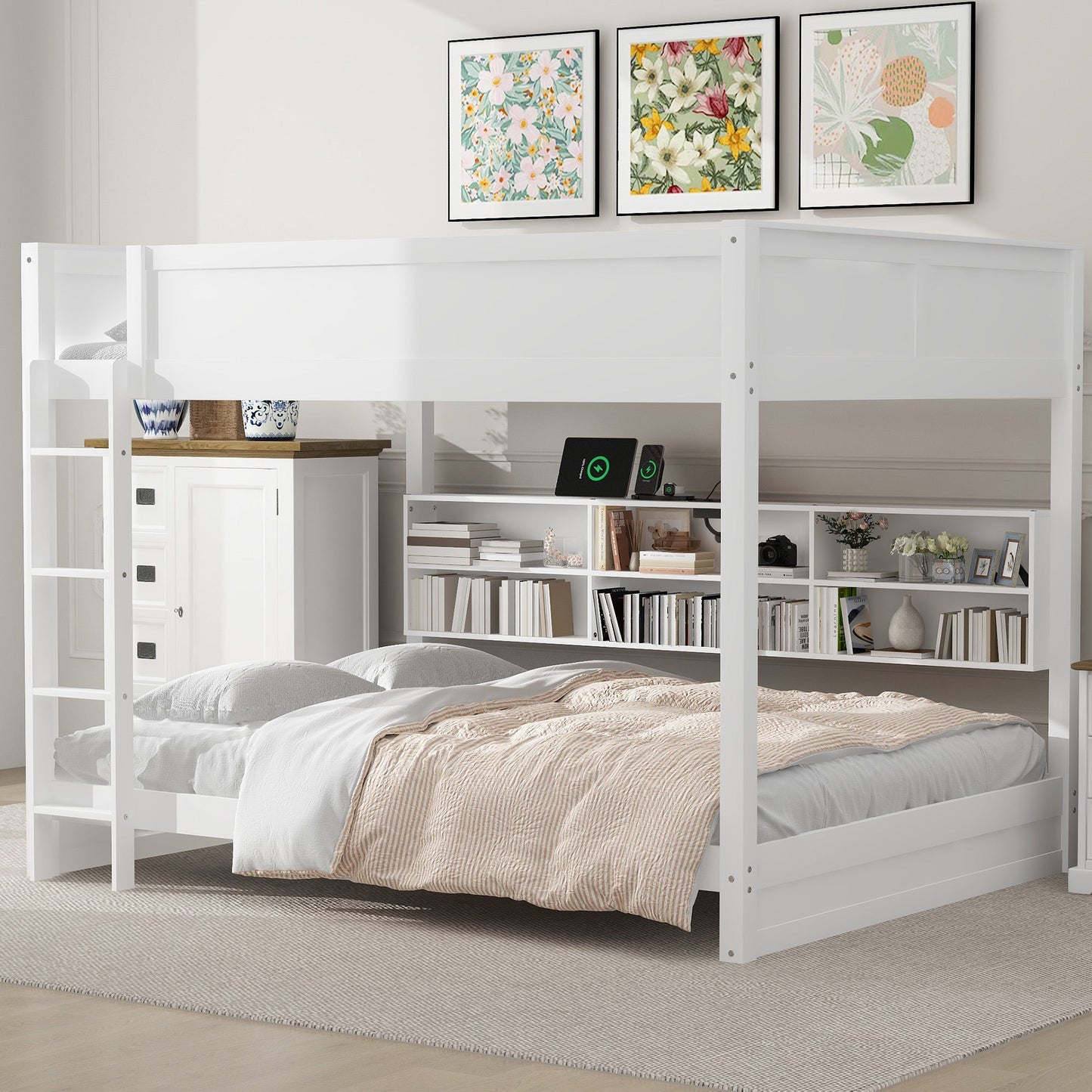 Queen Over Queen Bunk Bed with Storage Cabinets and USB Ports