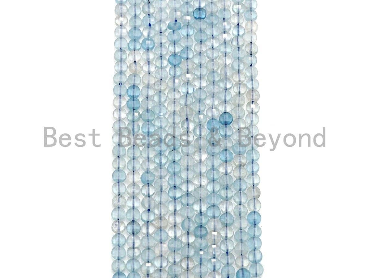 4mm High Quality Natural Aquamarine Faceted Coin Shape beads, Checkboard Cut Aquamarine, 15.5"Full Strand, sku#U791