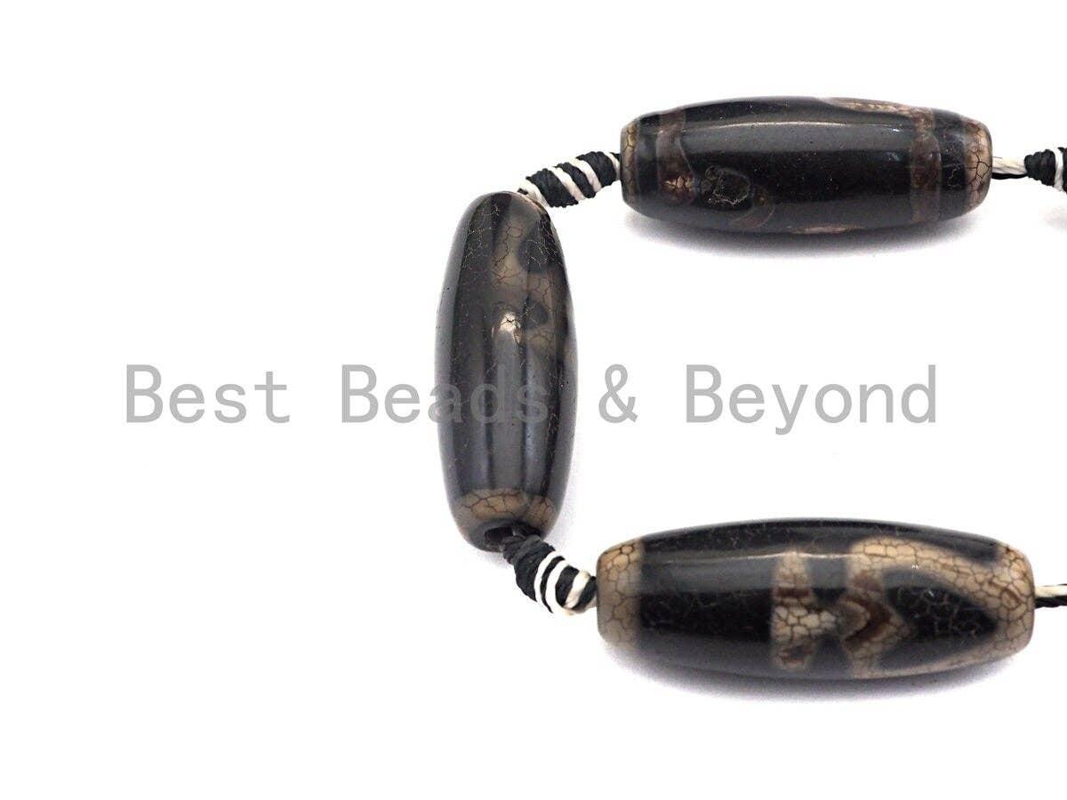 1pc/10pcs Natural Tibetan Agate Beads, Black with White heart Tibetan Long Oval Shape Beads, Dzi Agate Beads, 12x30mm, sku#U536