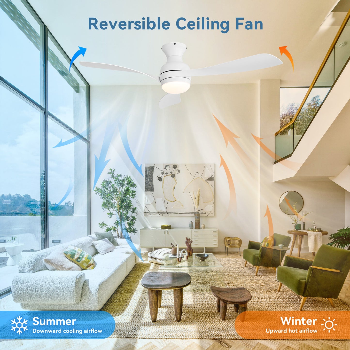52" Low Profile Ceiling Fan with Lights, Quiet Reversible DC Motor