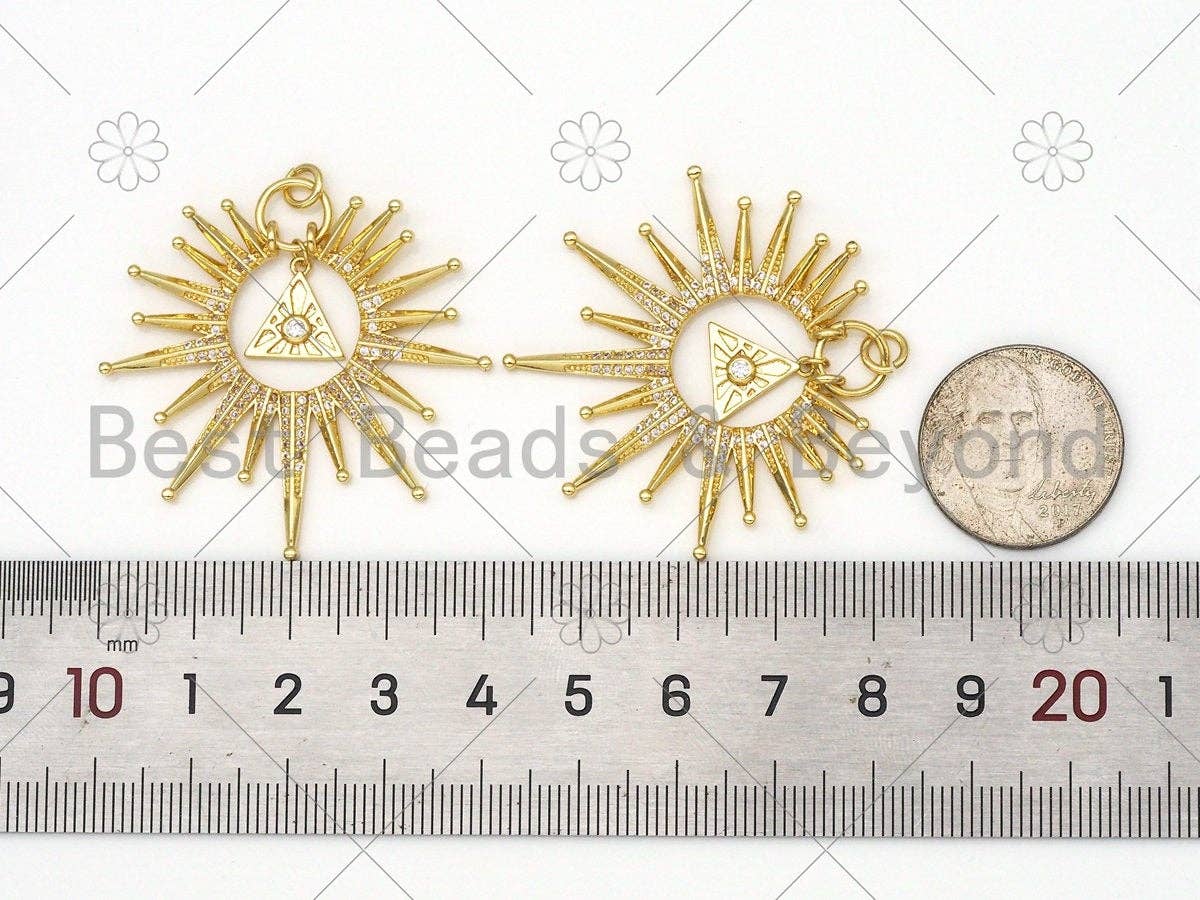 Micro Pave CZ Triangle On North Star Shape Pendant, 18K Gold Filled Radial Charm, Necklace Bracelet Charm Pendant, 41x38mm, Sku#LK400