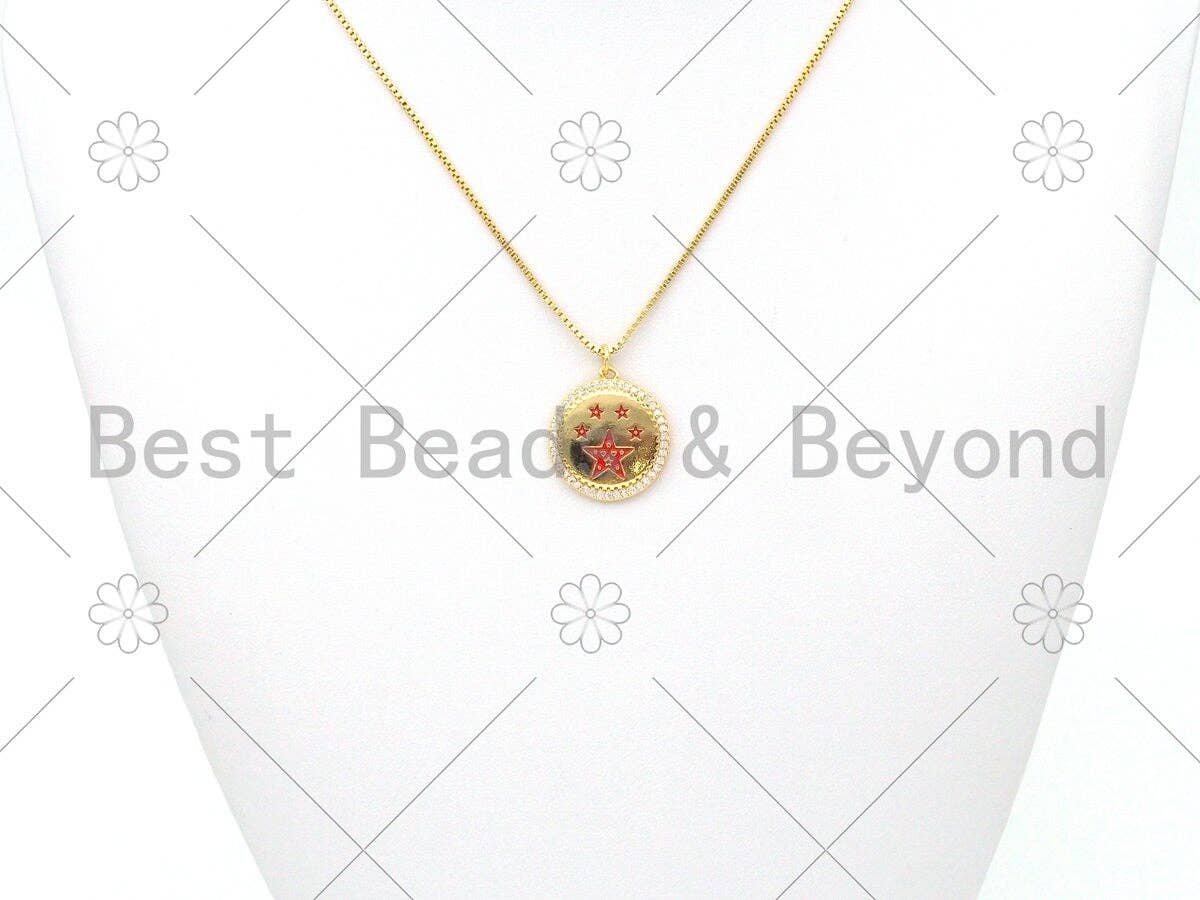 Colorful Enamel Five Point Star On Round Coin Pendant,18K Gold Filled CZ Micro Pave Medallion Charm,Enamel Star Jewelry,20x23mm,Sku#LK395