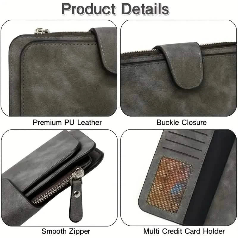 ヴィンテージ風フェイクレザー長財布 – トリフォールド クレジットカードホルダー スナップ＆ジッパー付き
