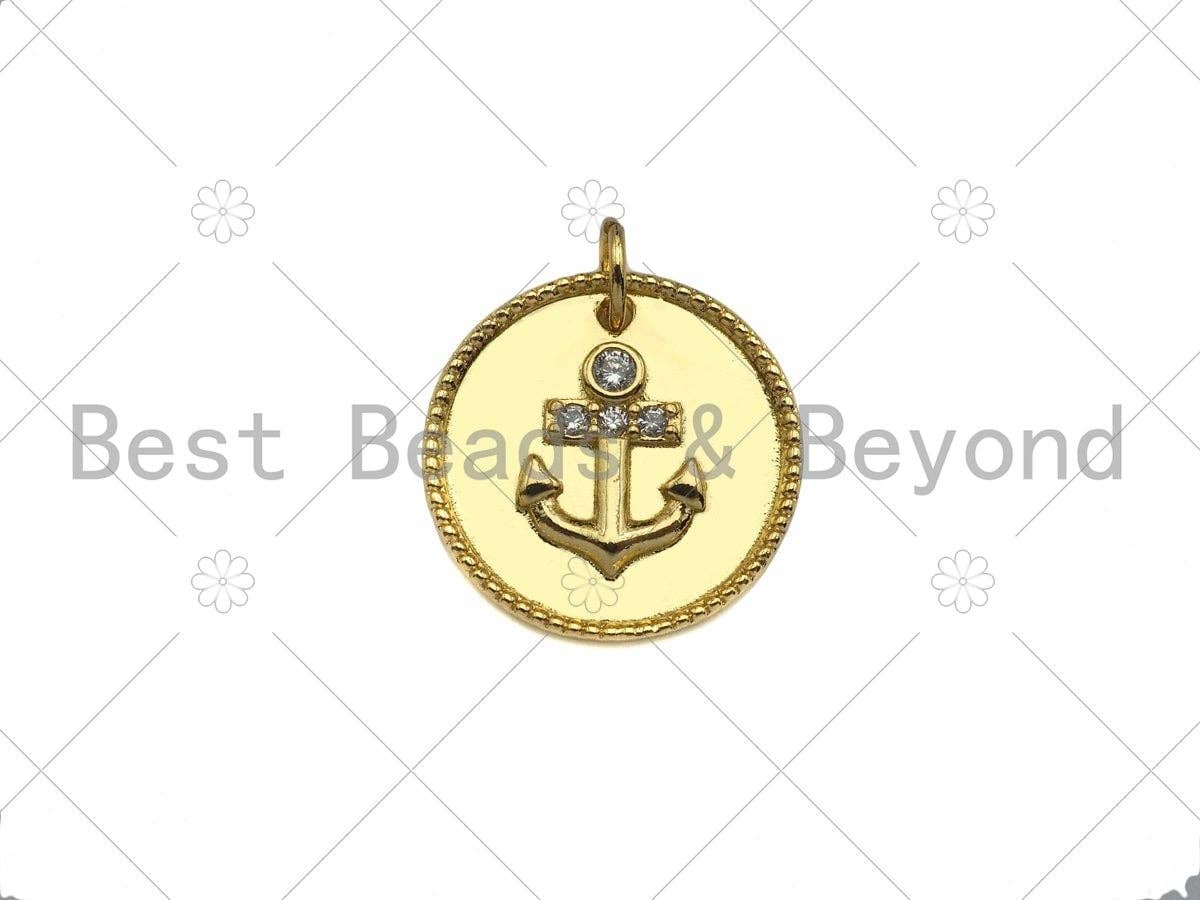 Gold Filled CZ Micro Pave Boat Anchor On Round Coin Shape Pendant, 18K Gold Filled Medallion  Charm, Necklace Bracelet Charm,16mm,Sku#LK340