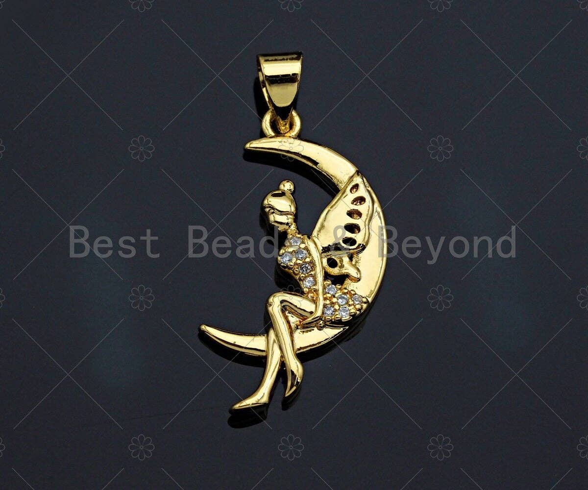 CZ Micro Pave Angel On Cresent Moon Shape Pendant, sku#F1235C