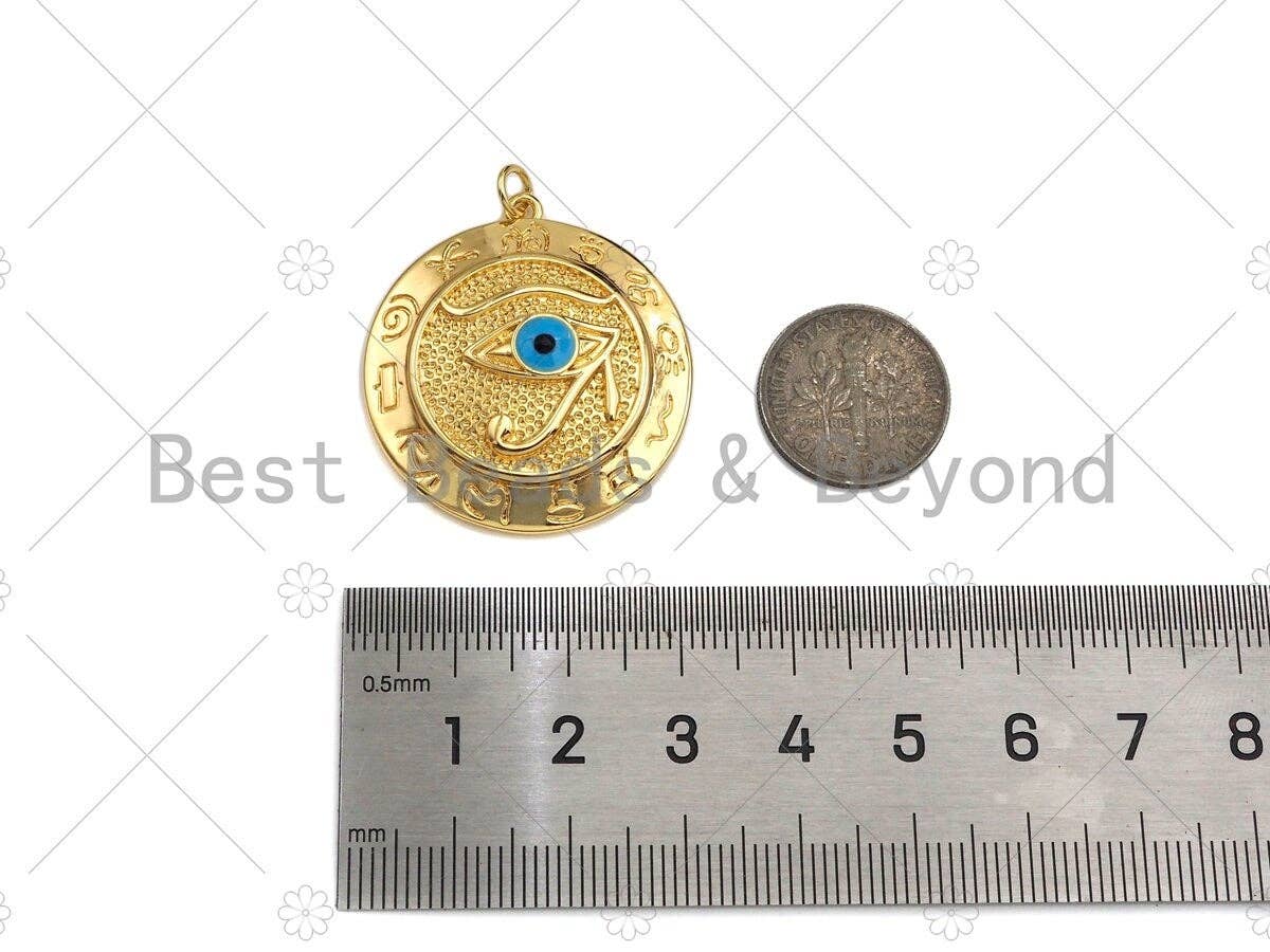 CZ Micro Pave Turquoise Blue Evil Eye On Round Coin Pendant,Cubic Zirconia Medallion Charm, Necklace Bracelet Pendant,30x33mm, Sku#L428