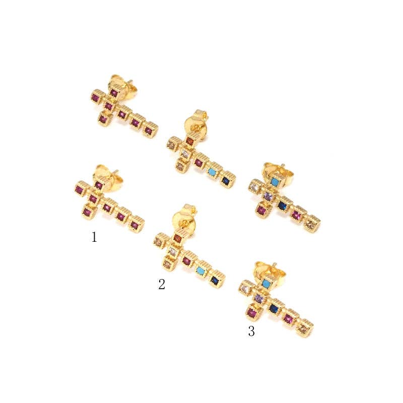 Gold Colorful CZ Cross Stud Earrings, Sku#LK774