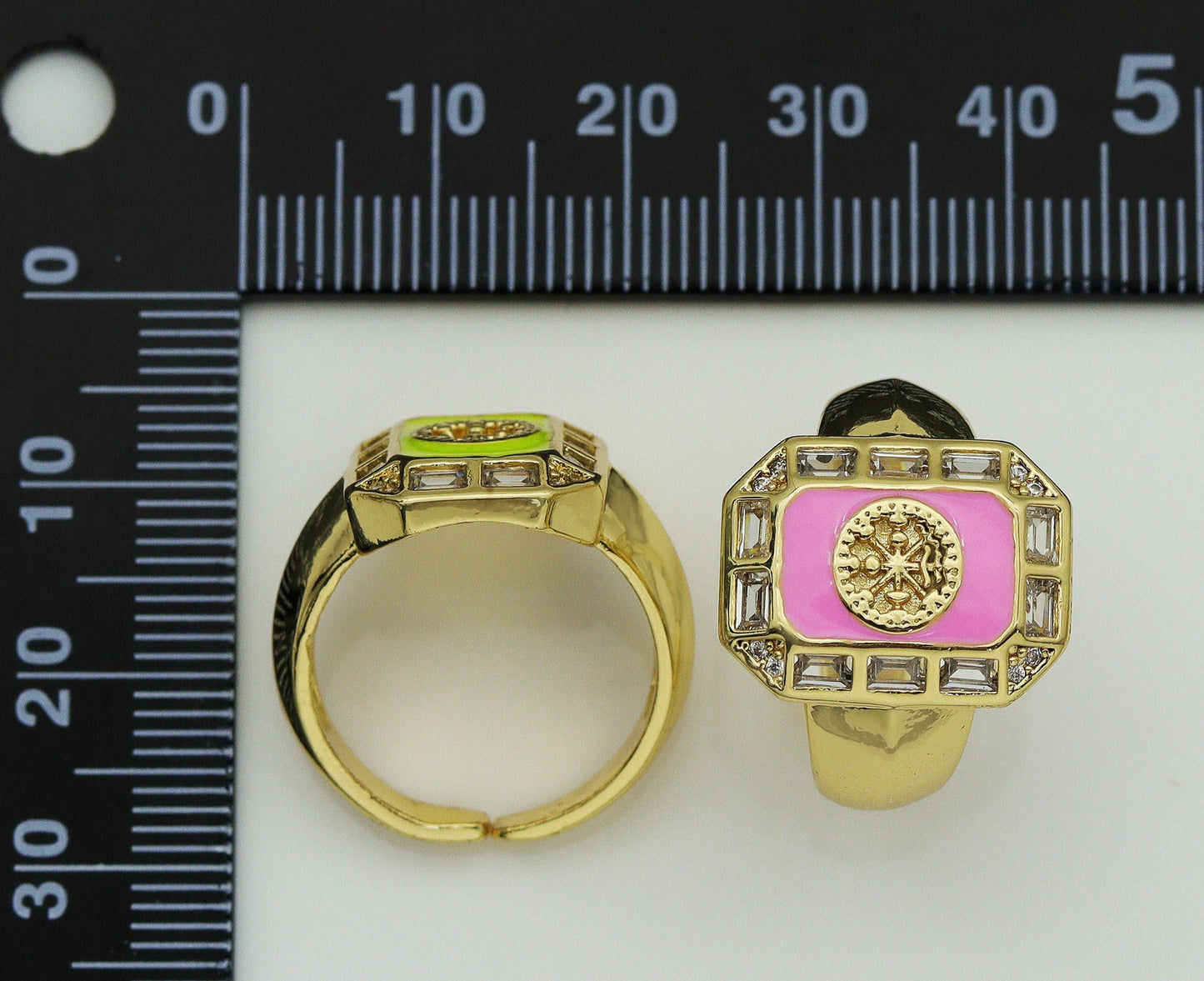 CZ Enamel Flower on Rectangle Adjustable Ring, Sku#X326