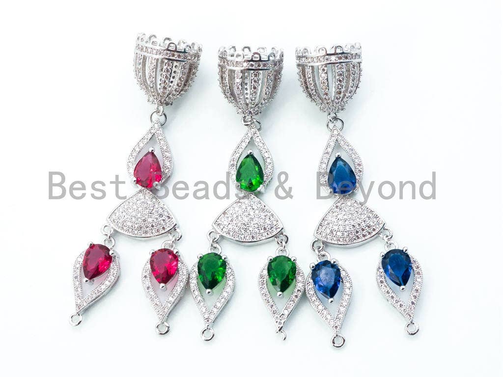CZ Micro Pave Tassel Head with Fuchsia/Green/Cobalt Gemstone Pendant, sku#L155