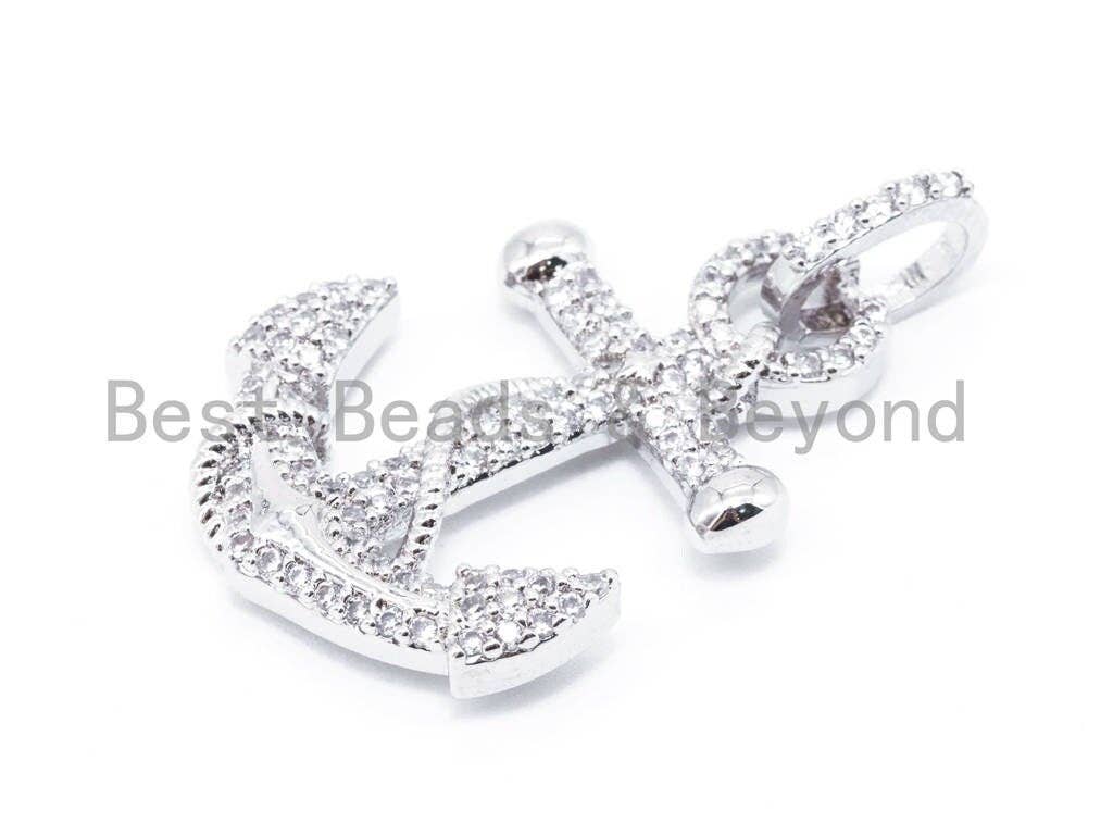 CZ Clear Micro Pave 37x21mm Anchor Pendant, Cubic Zirconia Pave Pendant/Charm in Gold/Gunmetal/Silver Finish, Men's Jewelry Finding, sku#F99