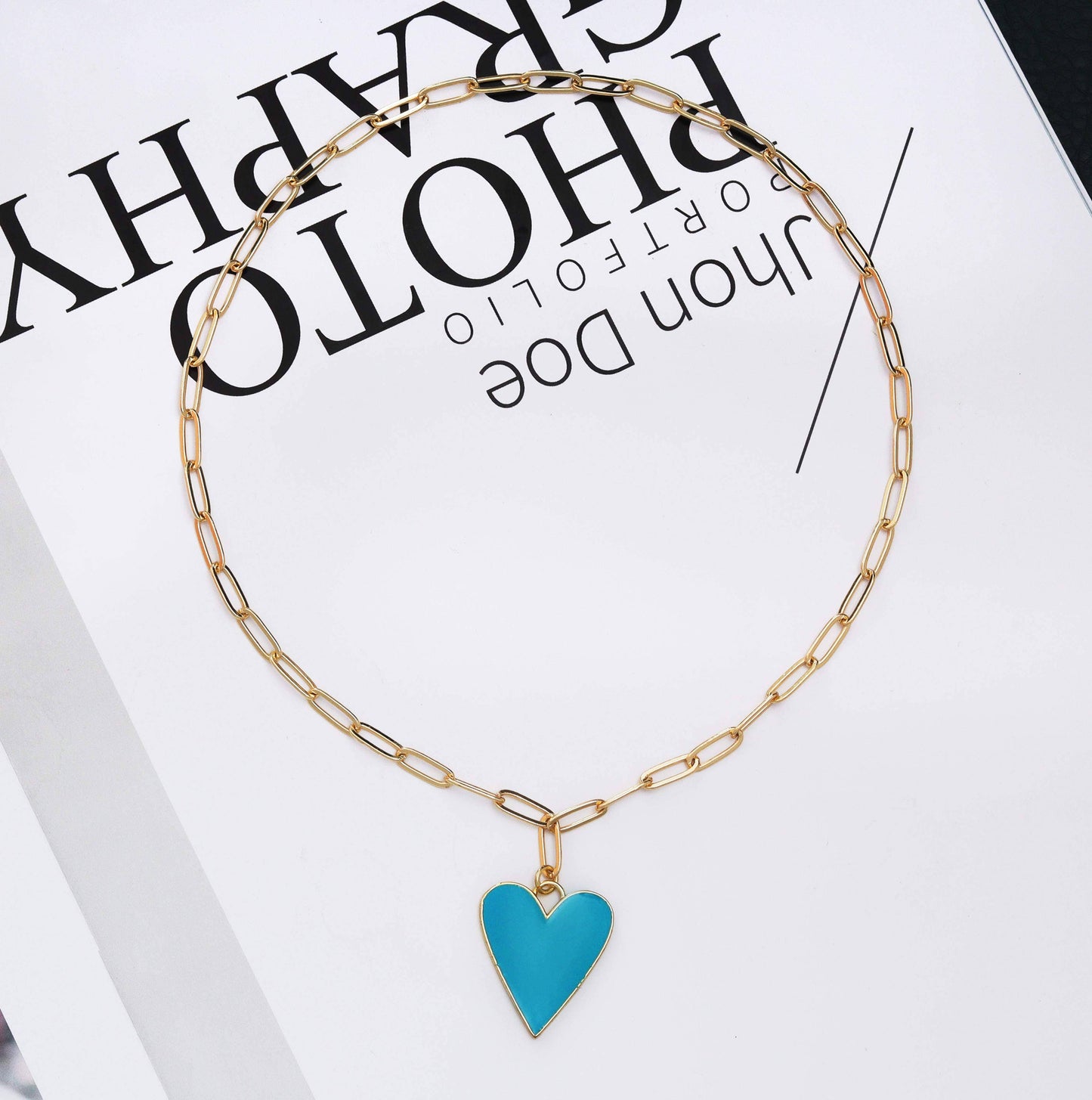 Enamel Heart Paperclip Chain Necklace, Sku#CL04