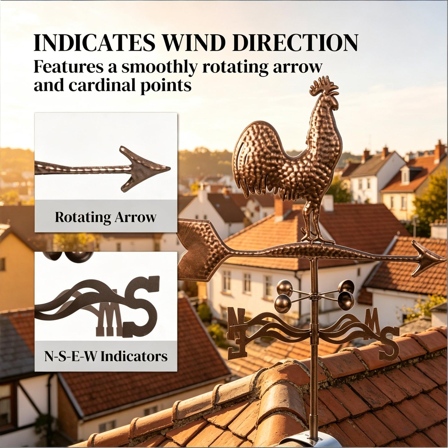 Classic Roof Mount Wind Direction Indicator - Rooster Weather Vane