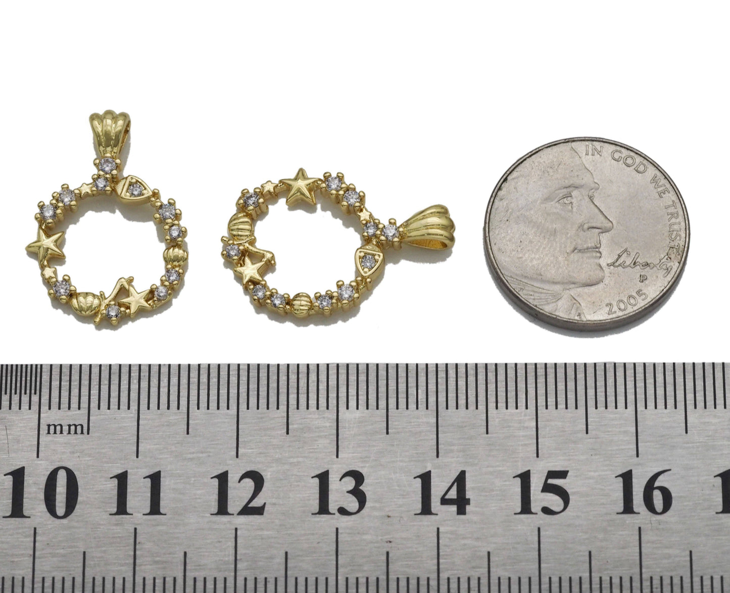 CZ Gold Star Shell Heart Circle Charm, Sku#LK767