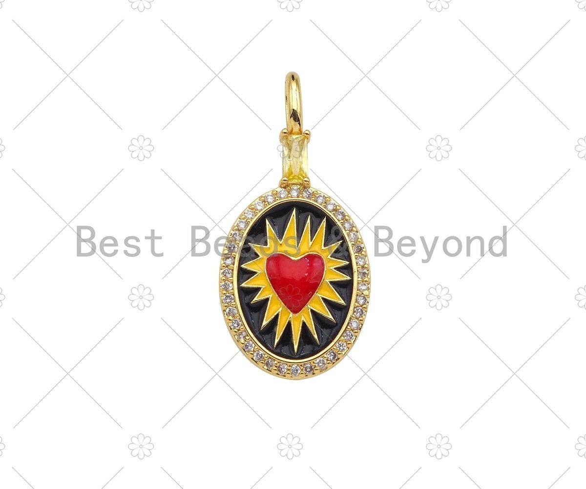 CZ Micro Pave Red Enamel Heart On Black Yellow Enamel Oval Shape Pendant, 18K Gold Filled CZ Enamel Oval Charm,16x33mm,Sku#Z1377