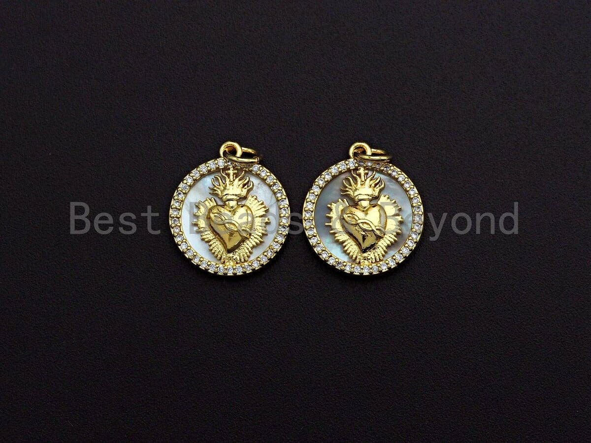 Clear CZ Micro Pave Heart on Mother-of-pearl Pendant Charm, Cubic Zirconia Charm, 16x18mm,sku#Z845