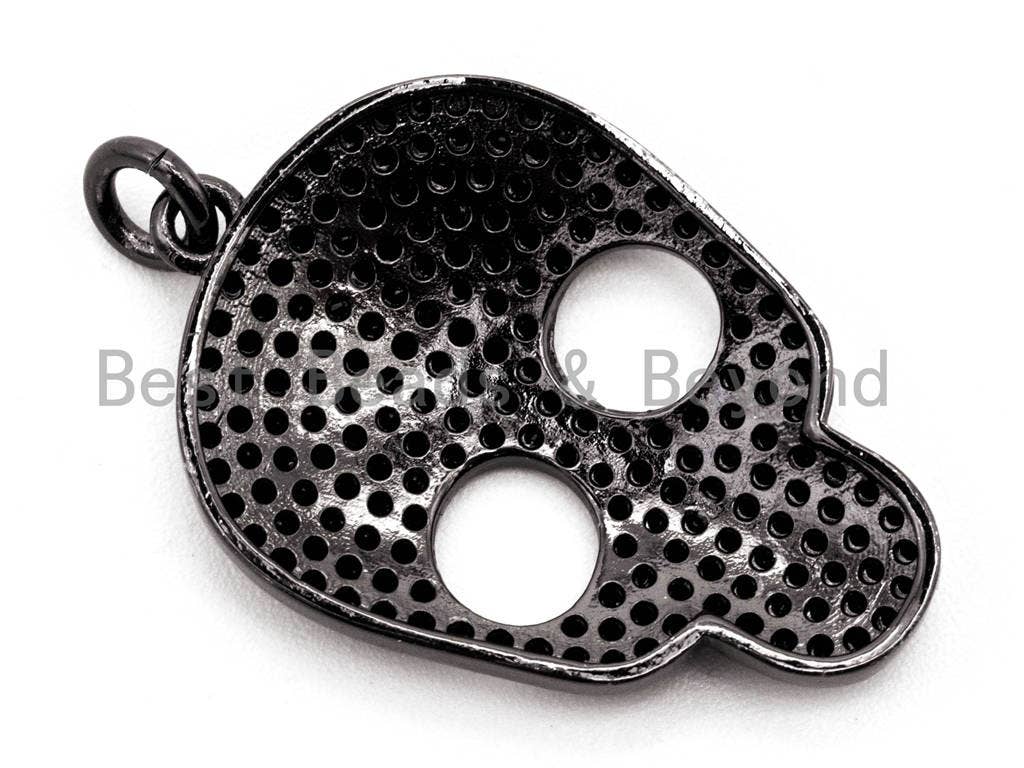 Black CZ Pave On Black Micro Pave Skull Head Charm Beads, Halloween Beads, Cubic Zirconia Pave Skull Charm,Skull Pendant 18x27mm, sku#F381