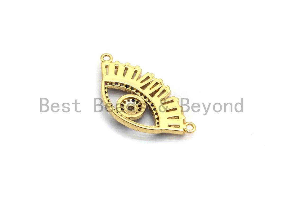 Multi-Color CZ Micro Pave Long eyelash Evil Eye Connector, Rainbow CZ Micro Pave Evil Eye Necklace Connector, Gold plated, 14x27mm,,sku#F658