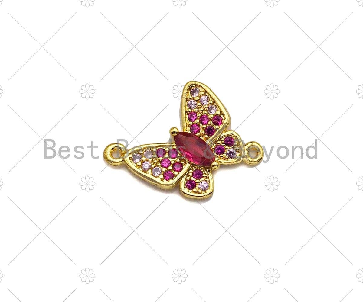Fuchsia CZ Butterfly Connector, Butterfly Bracelet Link, Butterfly Pendant, Cubic Zirconia Pendant, Gold Tone, 16x18mm, Sku#LK86