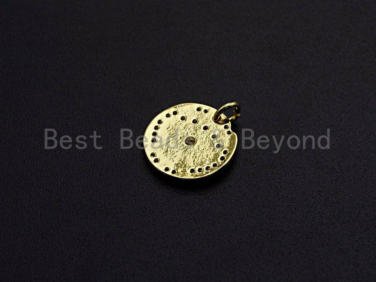 Clear CZ Micro Pave Evil Eye on Disc Pendant/Charm, Embossment Brass Lucky eye Cubic Zirconia Pendant, Gold Tone, 15mm,Sku#Z765