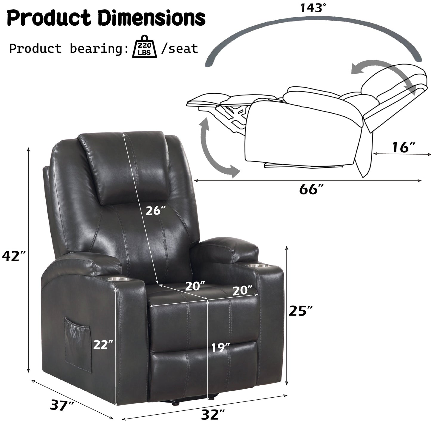 Gunmetal Leather Aire Recliner with Power Lift & Massage
