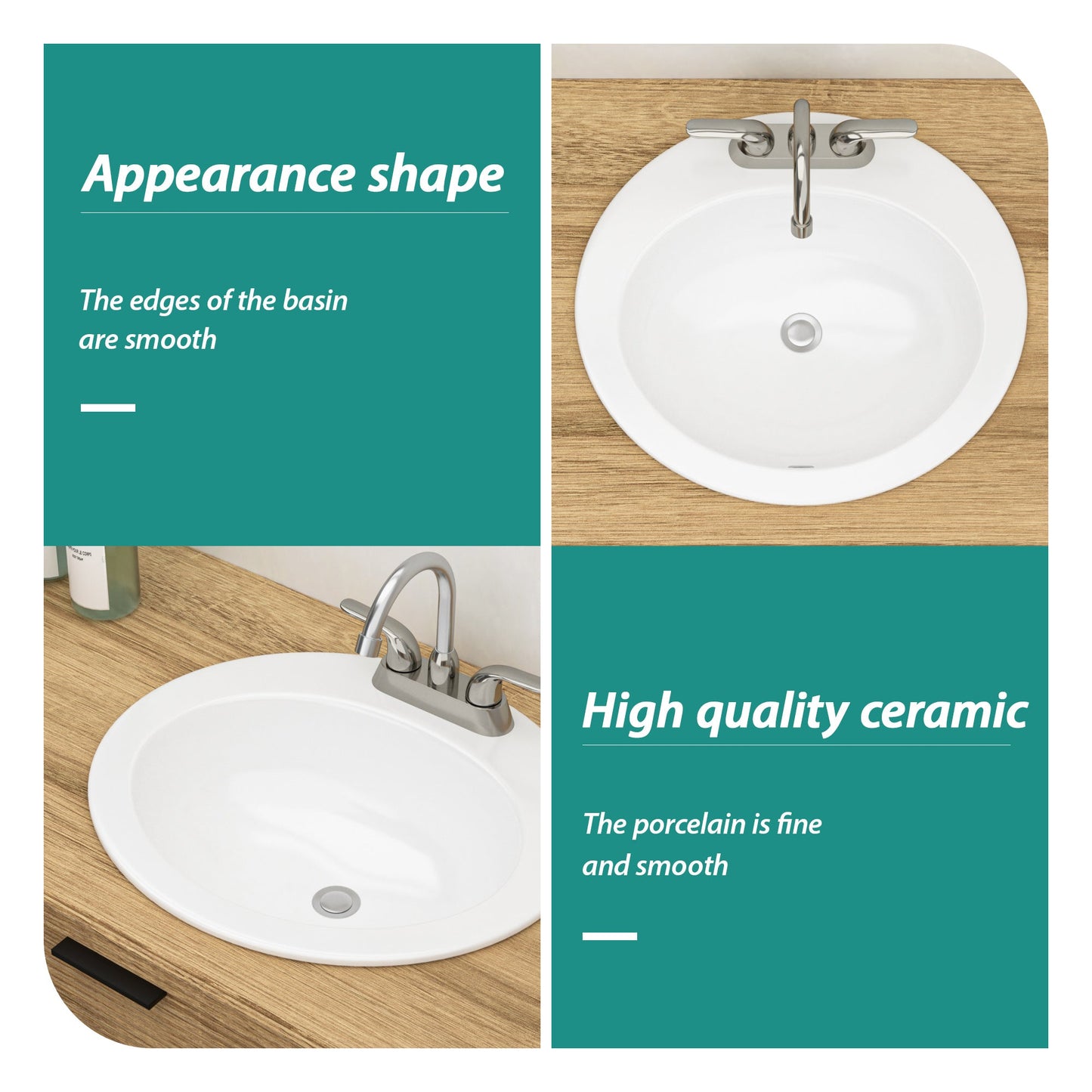 20"x18" White Ceramic Oval Drop In Bathroom Sink