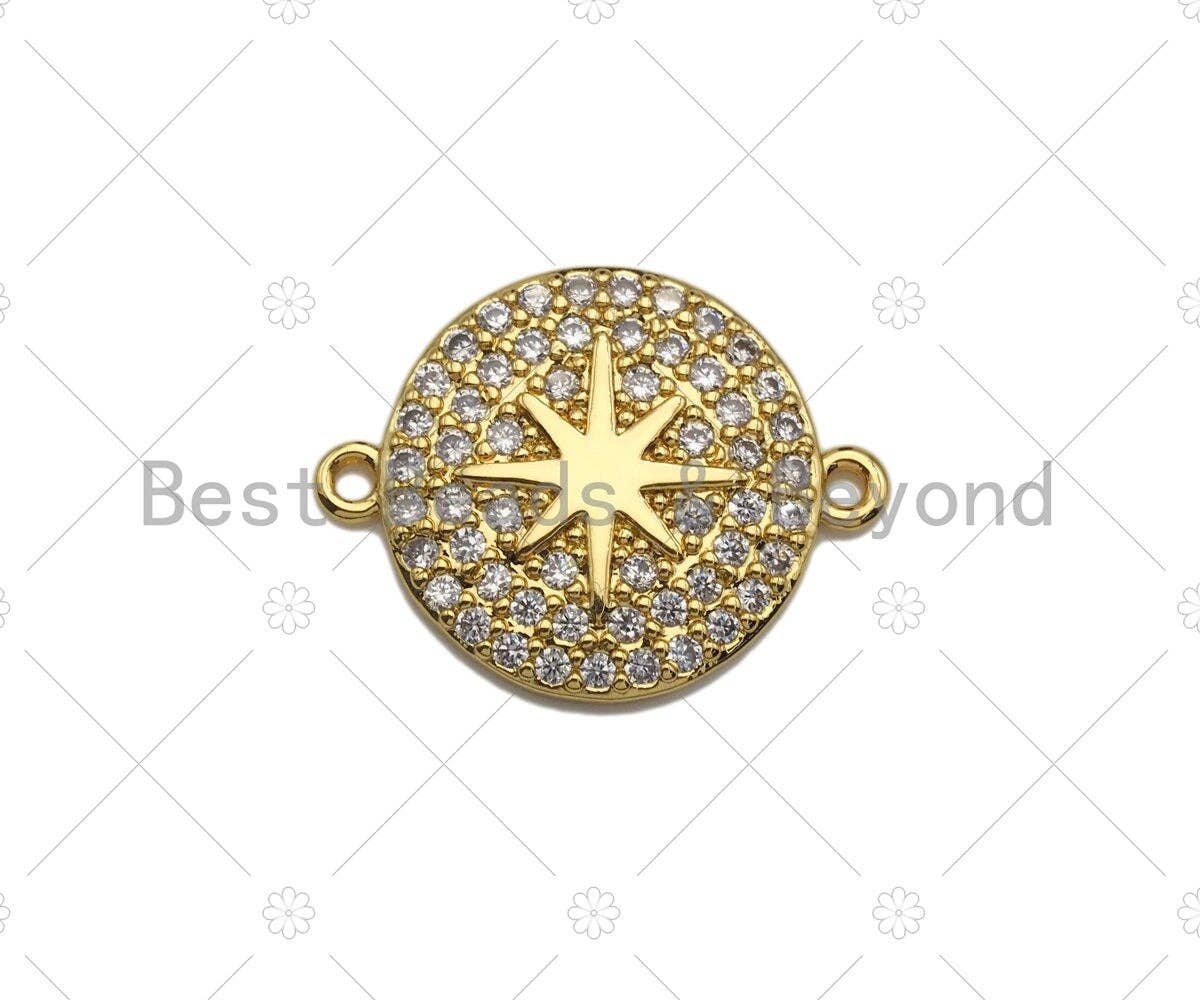Clear CZ Micro Pave North Star on Round Shape Connector/Link, CZ Pave Bracelet Necklace Connector in Gold Finish,17x22mm,sku#LK149
