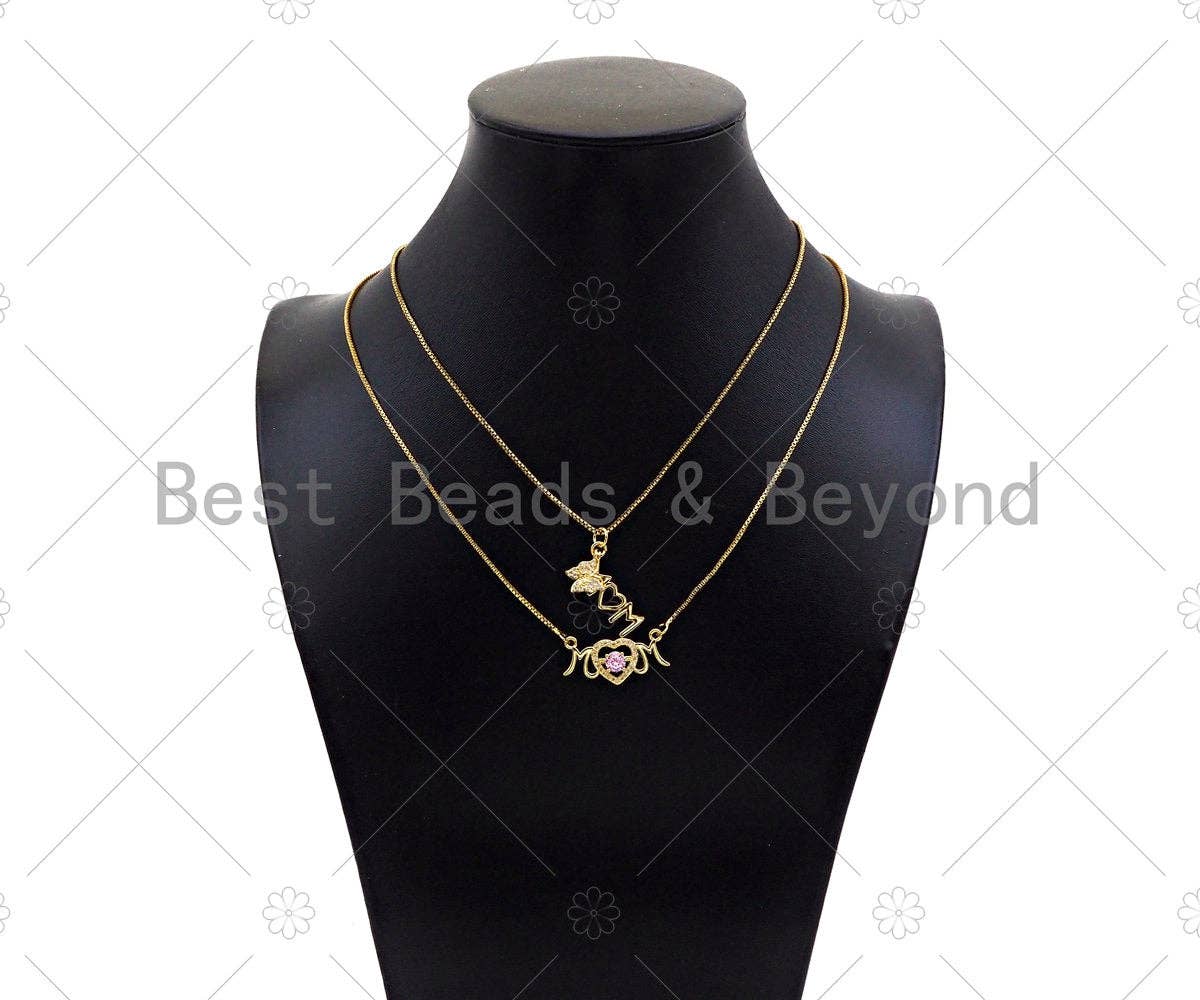 Gold Filled CZ Micro Pave Mom Heart Shape Pendant,18K Gold Filled Mom Charm, Mother's Day Necklace Bracelet Pendant,8x20/12x27mm,Sku#LK365