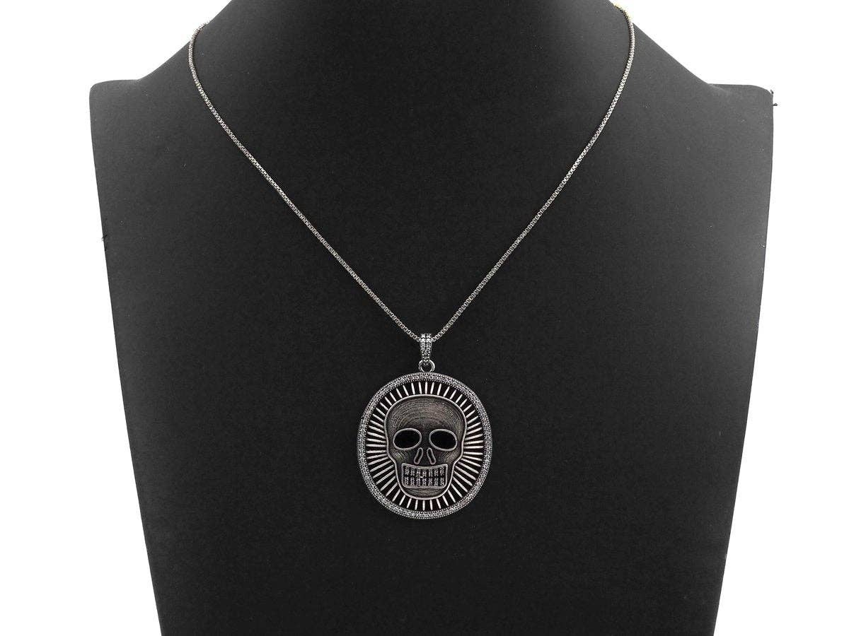 Antique Finish CZ Micro Pave Hollow out Skull Pendant, Silver Tone, 39x46mm,sku#F988C