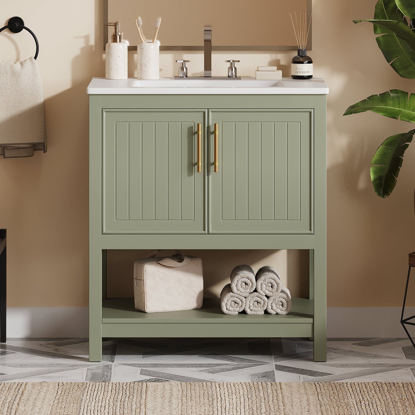 30-Inch Green Bathroom Vanity with Ceramic Sink