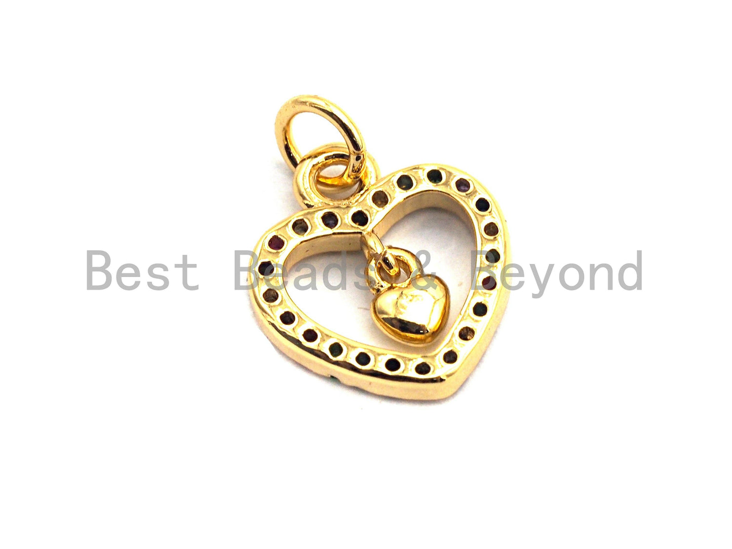 CZ Colorful Micro Pave Hollow Heart With Little Dangle Heart Pendant, Heart Shaped Pave Pendant, Gold plated, 12x14mm, Sku#F826