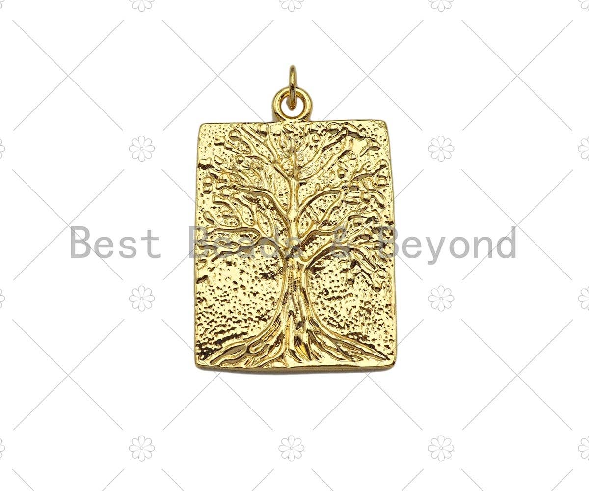 18k Dainty Gold Tree On Rectangle Shape Charms, Dainty Charms, Gold Treen Pendant, Rectangle Necklace Charms, 21x31mm, Sku#LK184