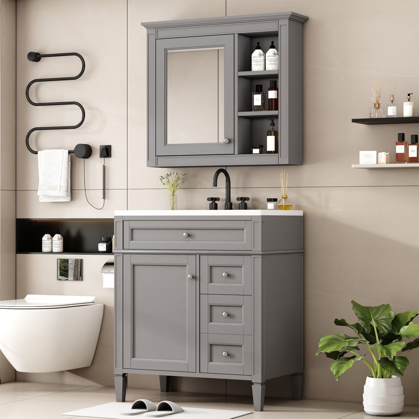 Bathroom Vanity With Top Sink, Storage Cabinet & Mirror - Gray