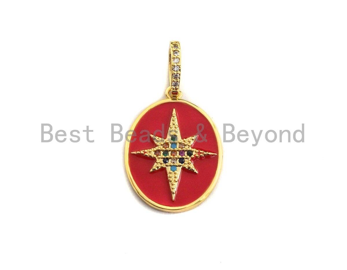 Enamel Colorful North Star On Oval Pendant,CZ Micro Pave Oil Drop pendant,Enamel pendant,Enamel Jewelry,16x22mm,sku#F976